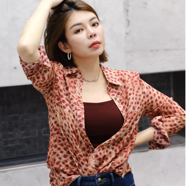 LADYKIMANH粉色豹纹印花长袖衬衫女设计感小众时尚洋宽松显瘦上衣