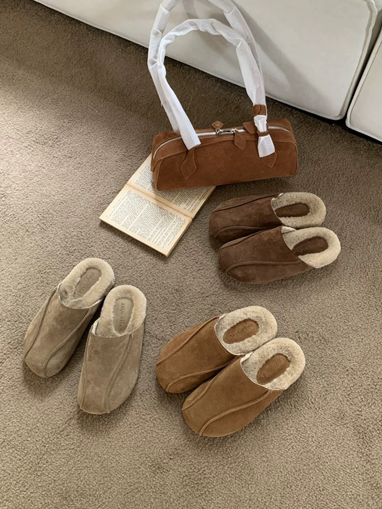 真皮牛反绒加绒半拖勃肯鞋女秋冬外穿2024年复古一脚蹬毛毛拖鞋女