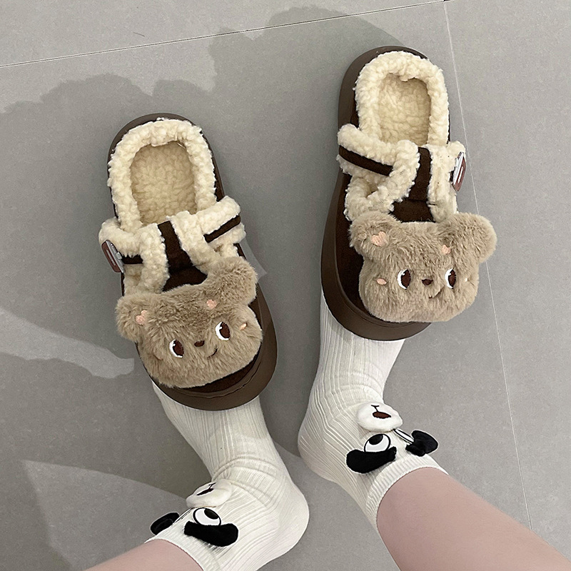 回力瑞小熊冬加绒棉鞋加厚外穿少女拖鞋卡通厚底保暖软底毛毛鞋