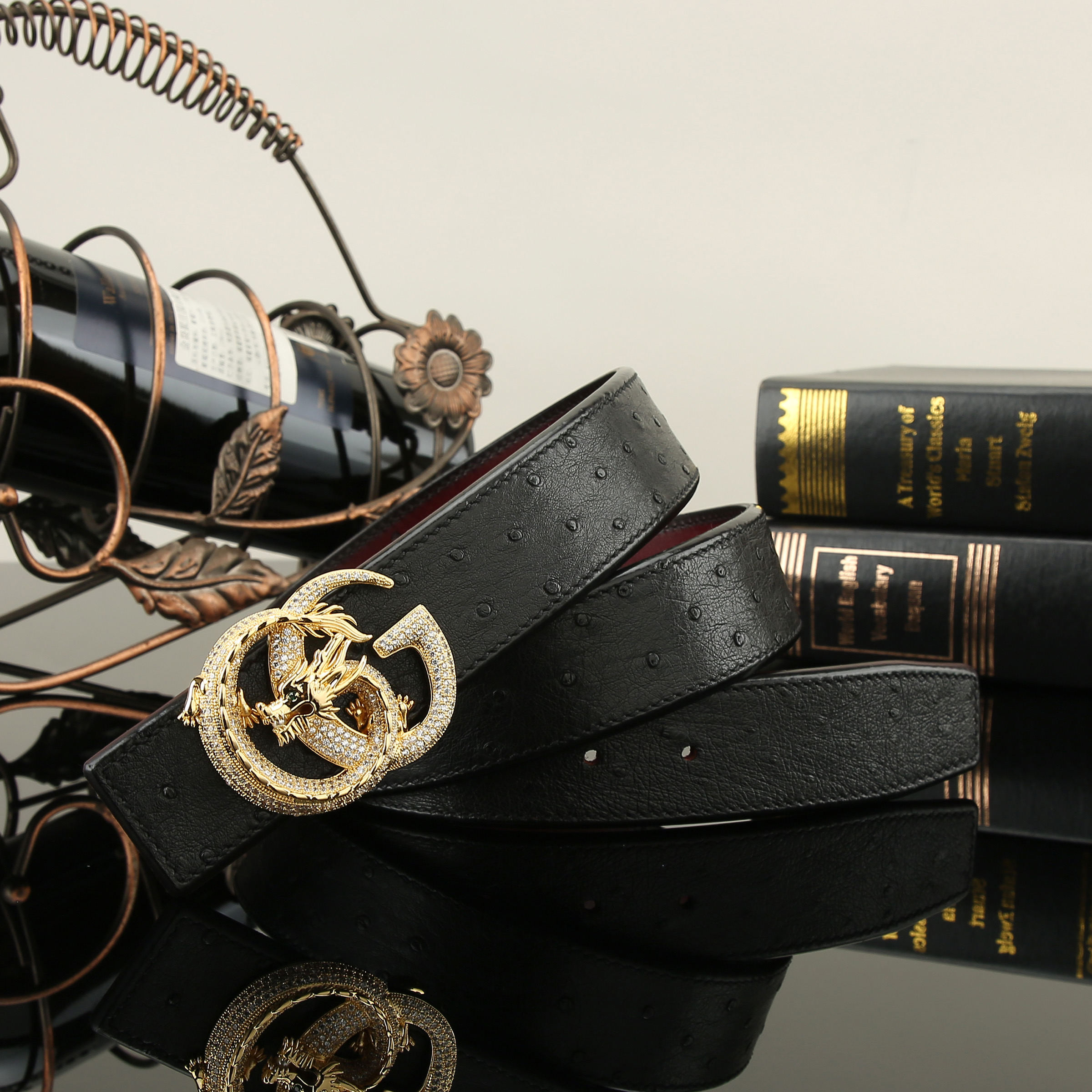 3.8宽 进口男士鸵鸟皮带时尚潮流商务百搭轻奢龙扣真皮男士腰带