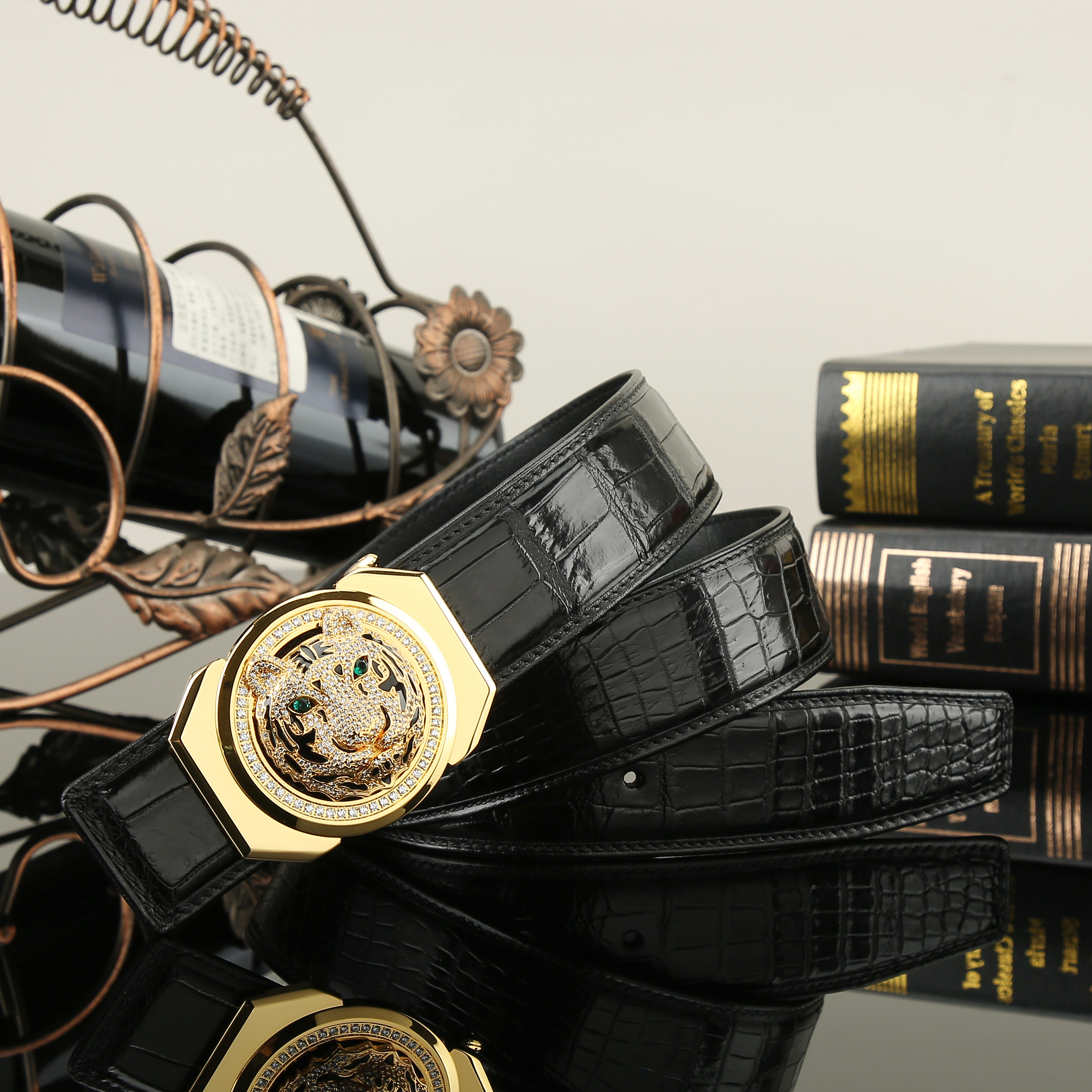 进口真鳄鱼皮男士皮带电镀24K金镶钻虎不锈钢平滑扣腰带商务3.8宽