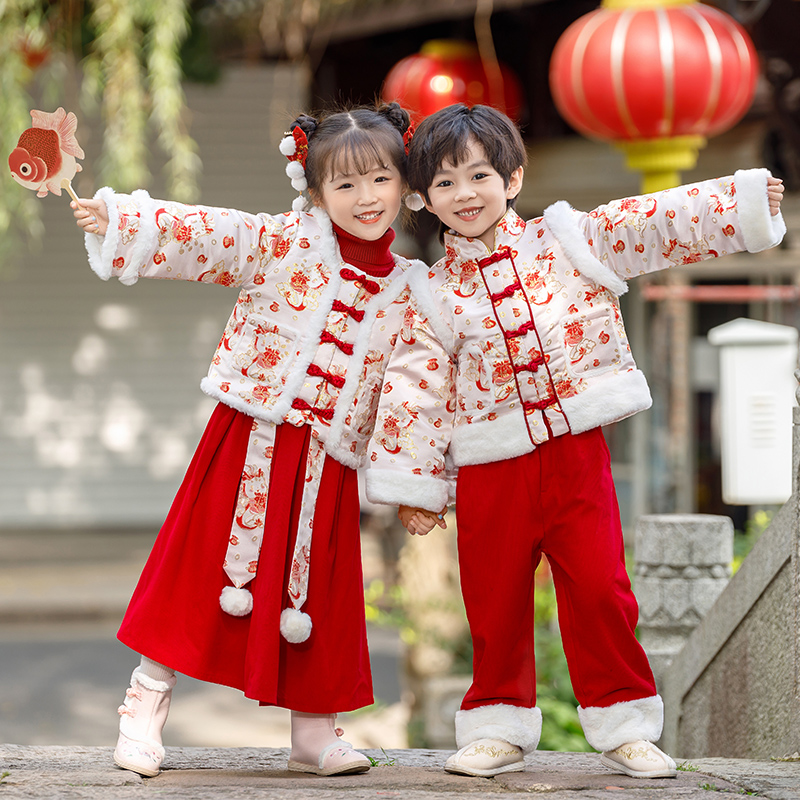 D161男童拜年服冬季女童加绒加厚唐装儿童红色喜庆中国风演出服