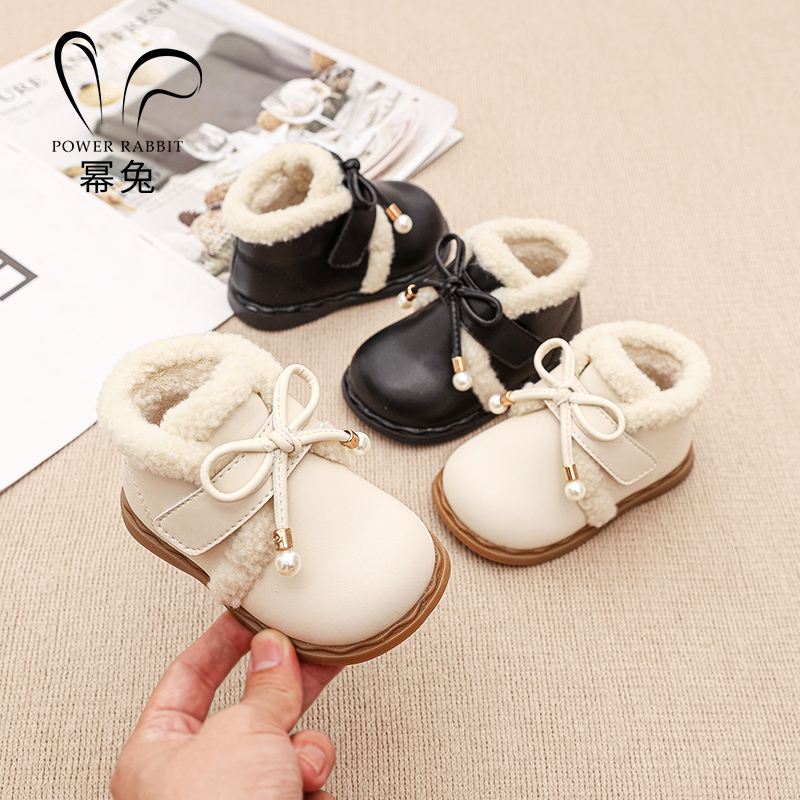 宝宝棉鞋2025冬季新款女童靴子时尚蝴蝶结小皮靴婴儿软底加绒棉靴