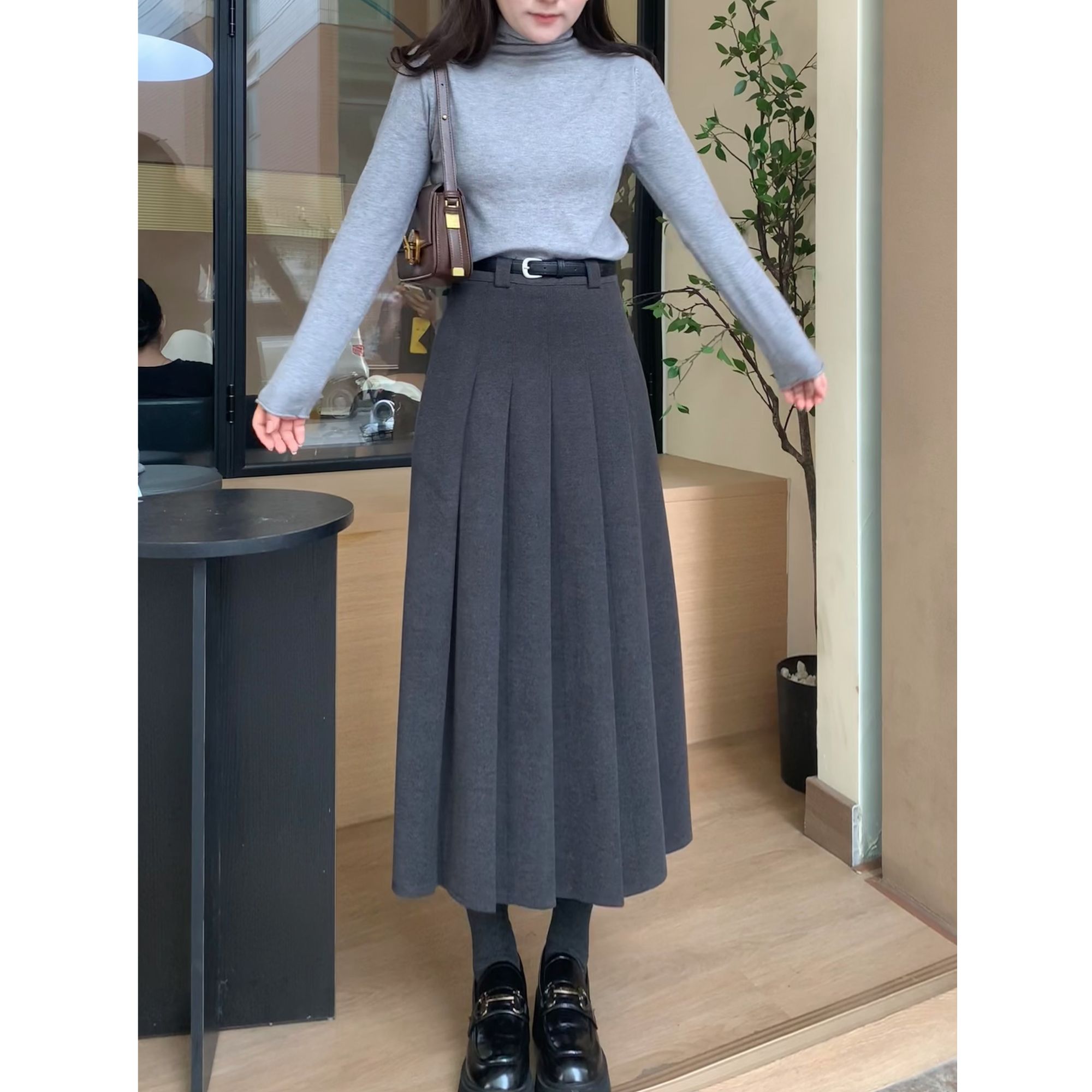 小个子秋冬韩系通勤气质纯色百搭遮胯显瘦高腰A字毛呢百褶半身裙