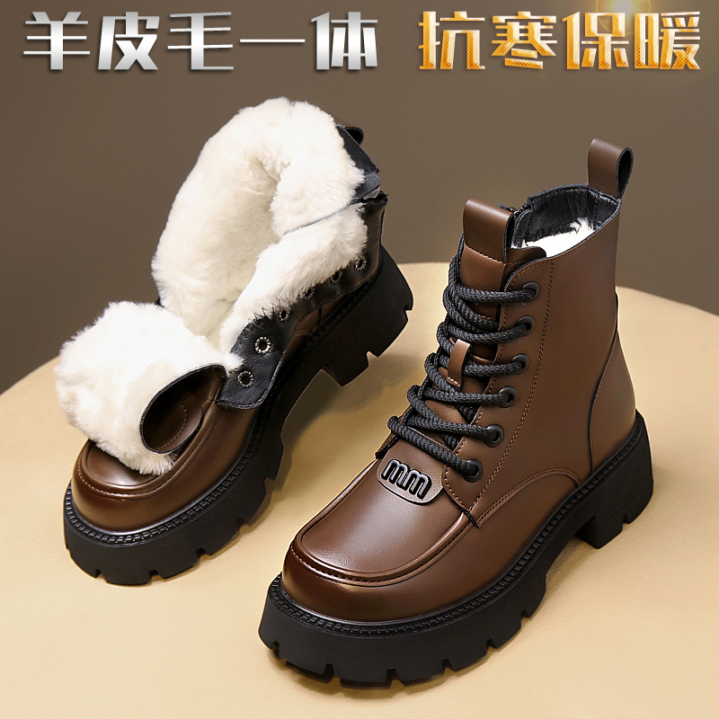 回力特皮毛一体雪地靴女冬马丁靴防寒保暖羊羔绒棉鞋加绒厚底棉靴