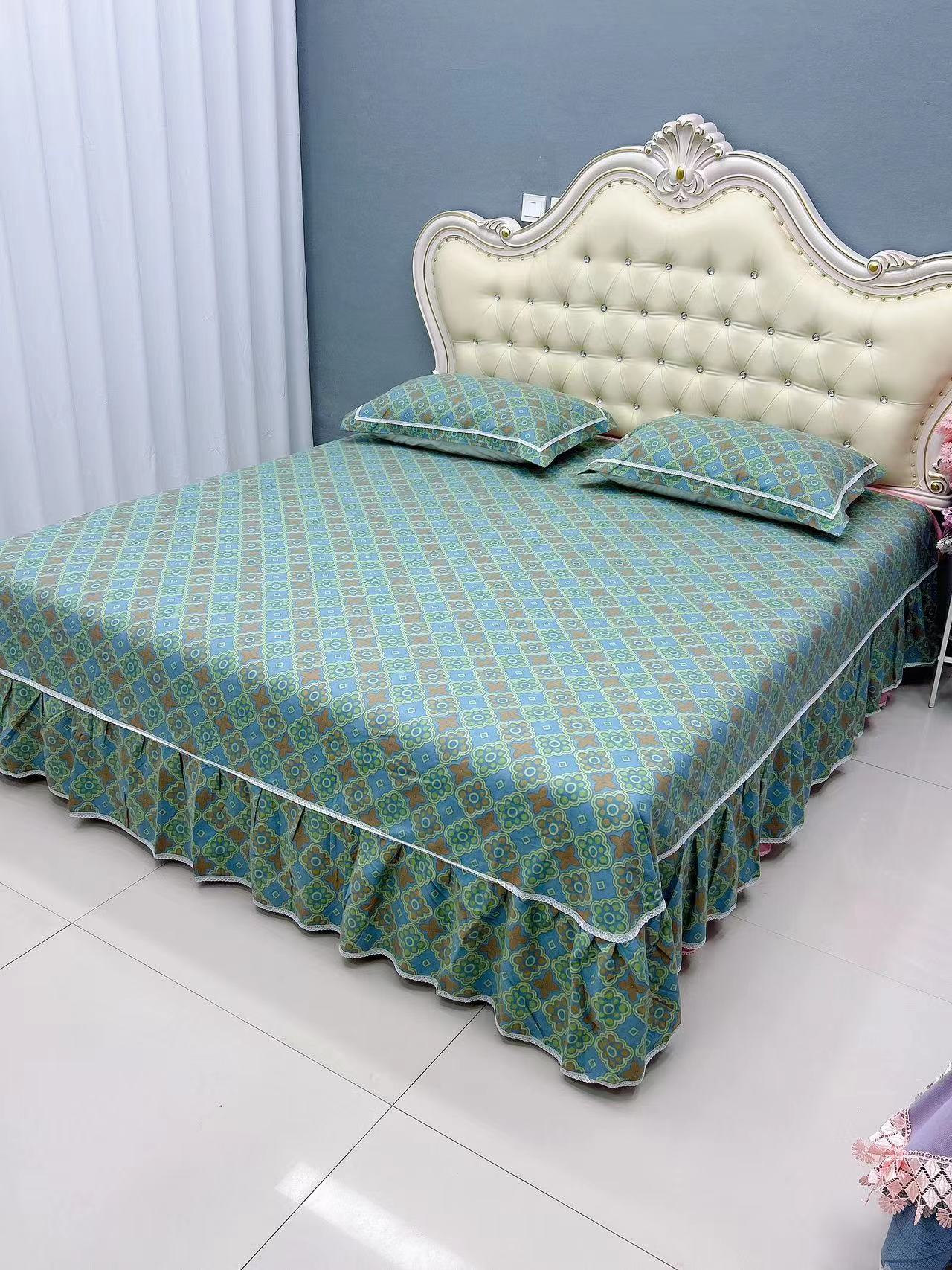 三哥家 加大加厚暖棉磨毛床裙2.7米宽X2.6米长（典雅之约 绿色）