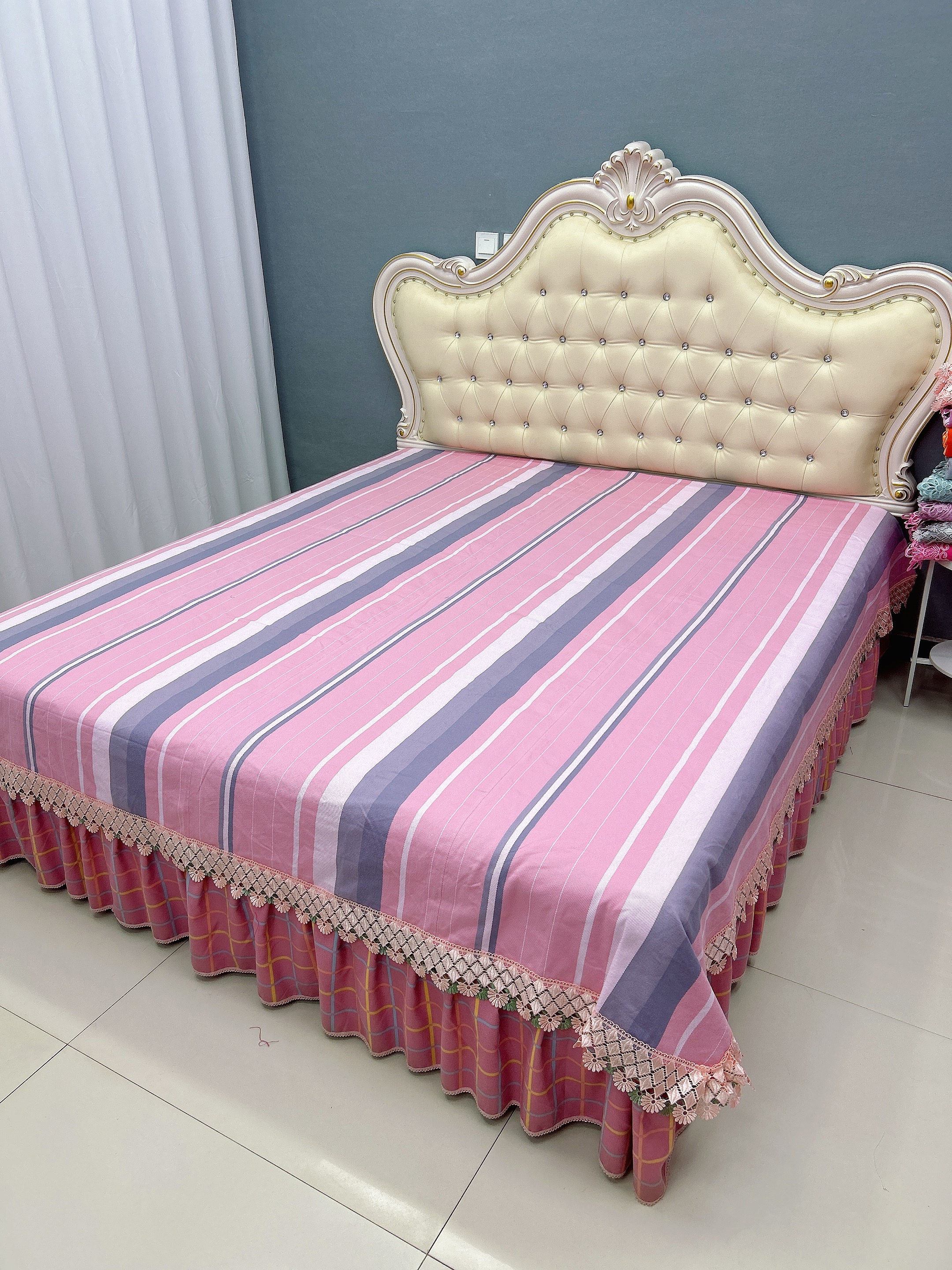 三哥家   全棉手织老粗布（皮粉灰条）蕾丝款