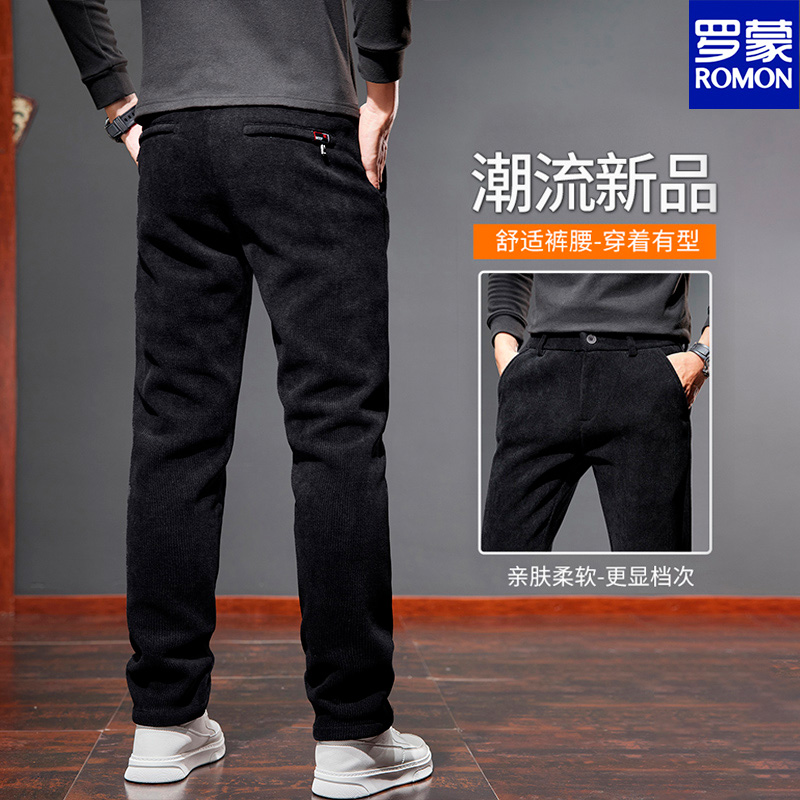 Romon/罗蒙冬季加厚加绒弹力灯芯绒裤子男宽松直筒男士休闲保暖裤