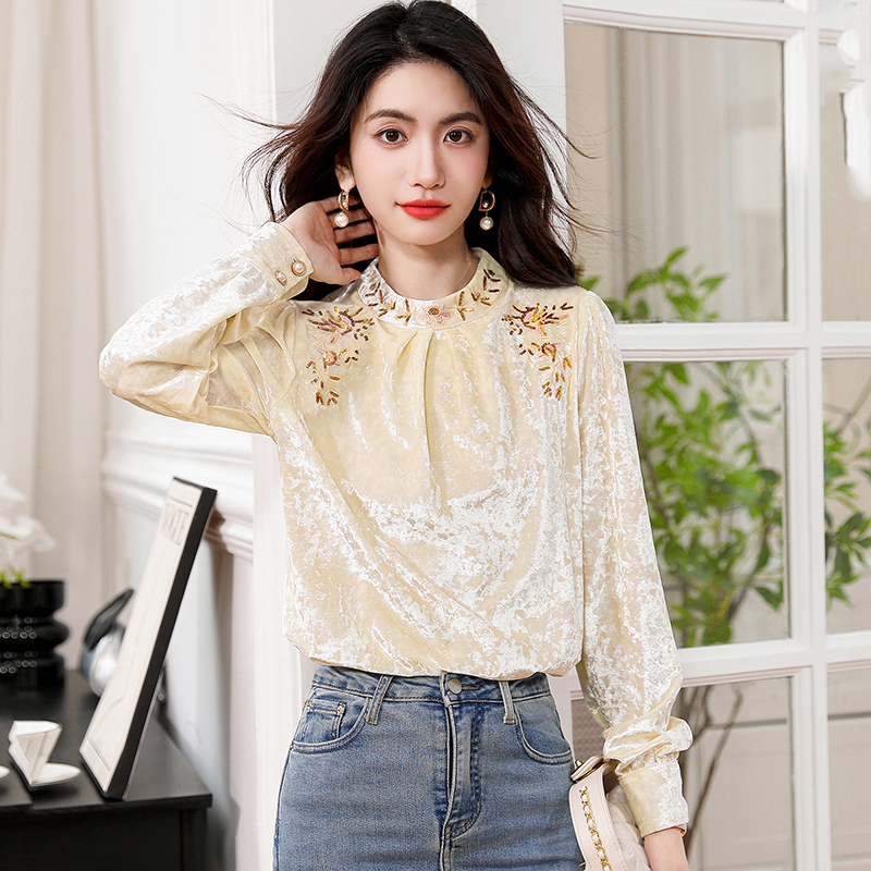 法式高端丝绒打底衫女2024早秋新款宽松时尚别致T恤