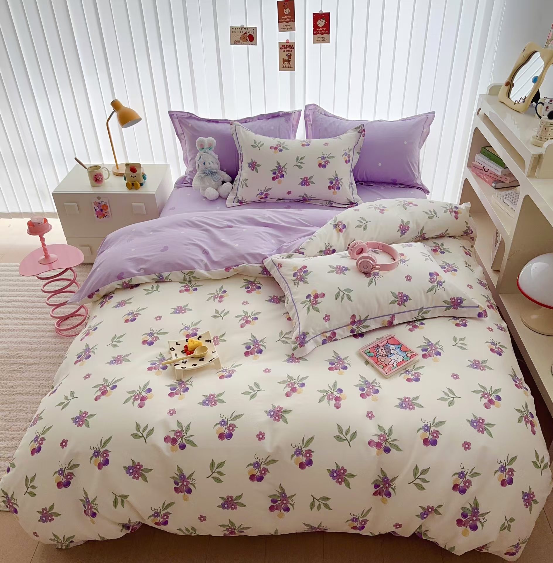 【于果】小清新亲肤柔软斜纹印花款四季可用纯棉四件套-紫葡萄