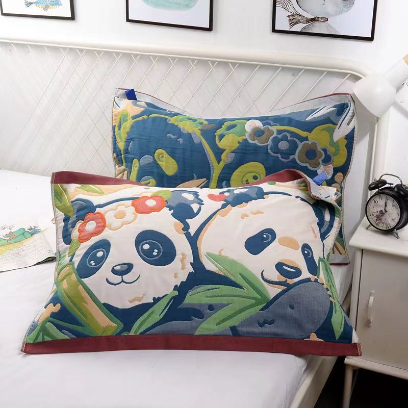 【纯棉纱布枕巾】亲肤时尚纯棉纱布加厚枕巾一对-竹叶熊猫 可机洗  