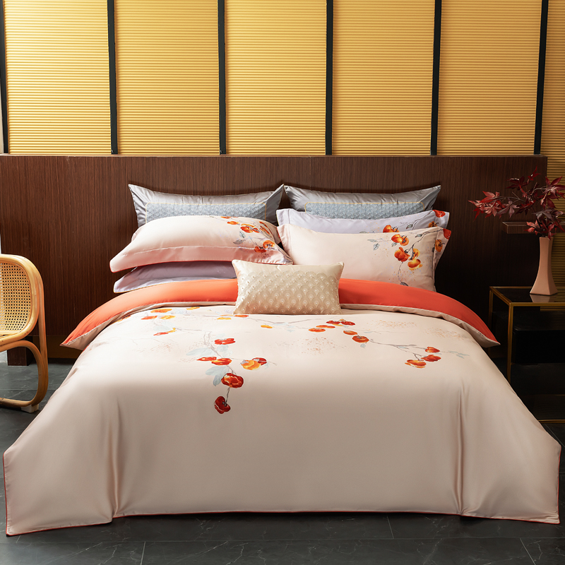 【铭哥家】轻奢高级亲肤100S双股长绒棉贡缎印花四件套-柿柿如意