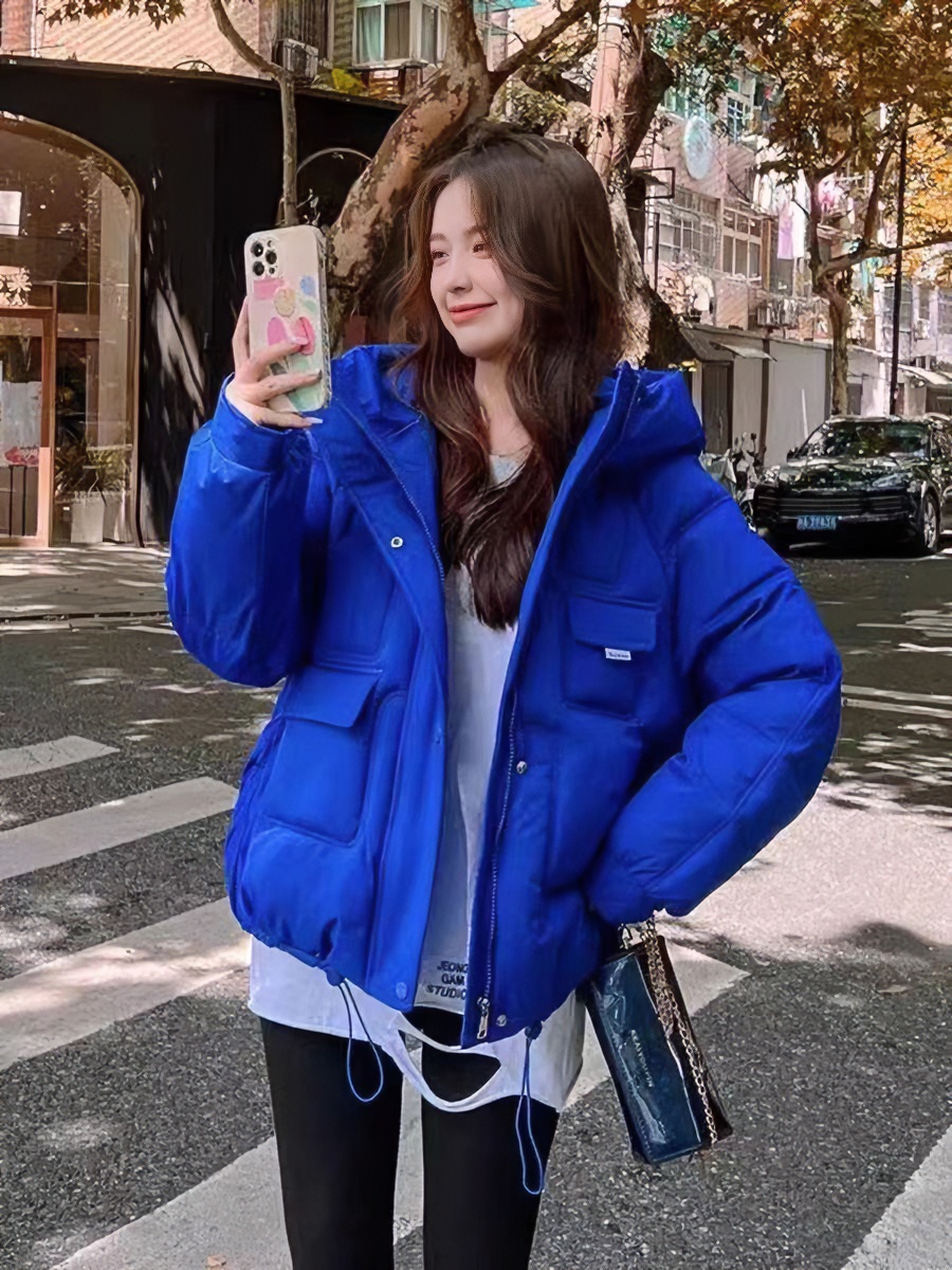 冬季韩版宽松女短款新款面包服连帽加厚小潮秋冬童装蓝色