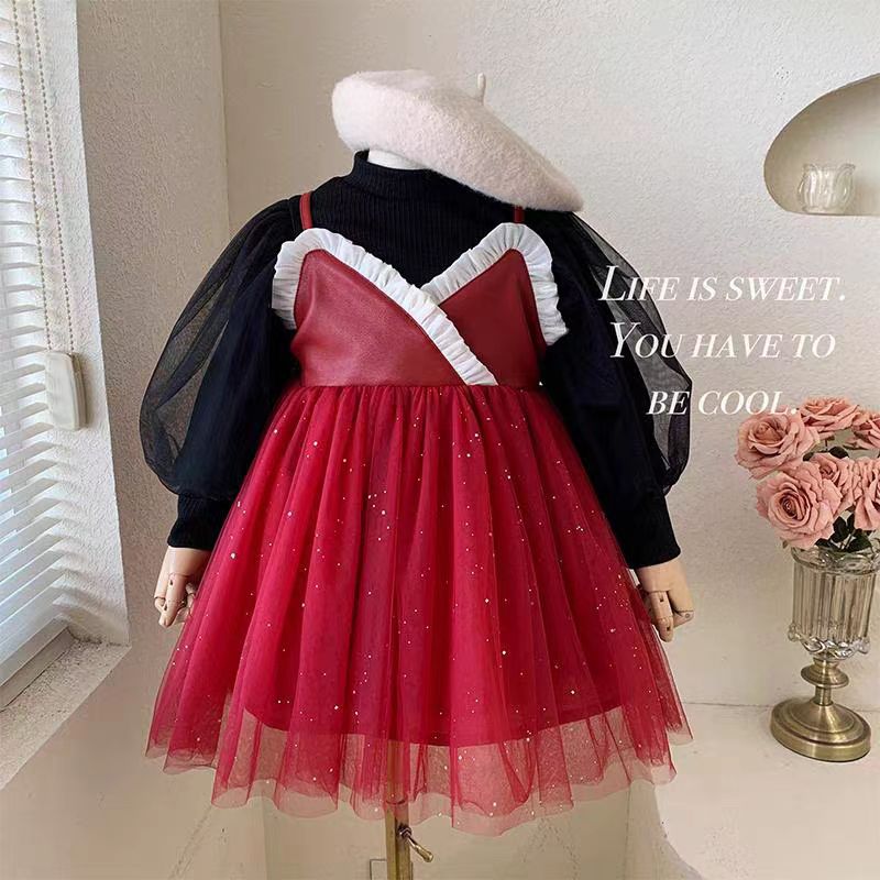 韩系童装套装秋冬款洋气宝宝加绒网纱公主裙儿童时髦裙子22158