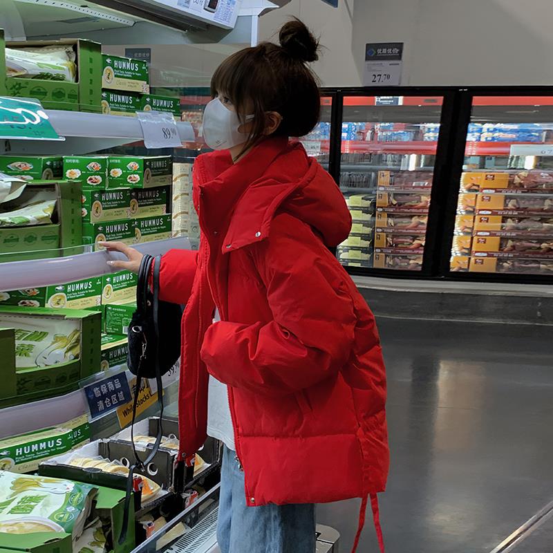 雅鹿学院风羽绒棉服女短款冬季2023新款韩版宽松棉衣圣诞红小个子