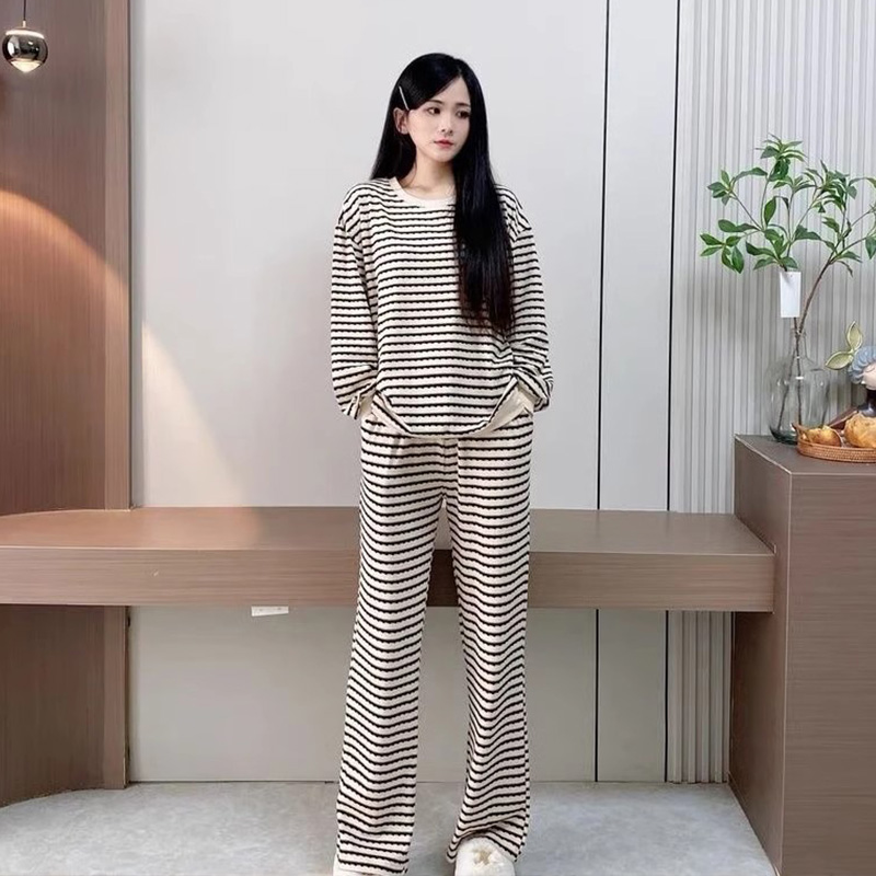 【带胸垫】睡衣女士韩版条纹新款长袖长裤套装宽松休闲家居服可外穿