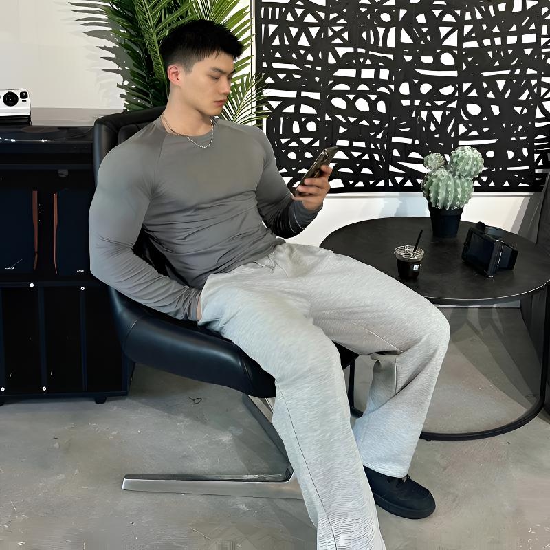 秋季新款修身弹力健身长袖男运动跑步训练速干纯色T恤圆领透气