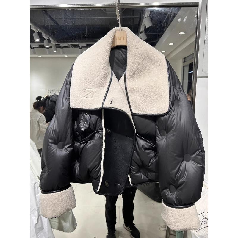 冬季新品高级女装2023冬款韩翻领PU皮拼接宽松加厚保暖白鸭绒羽绒