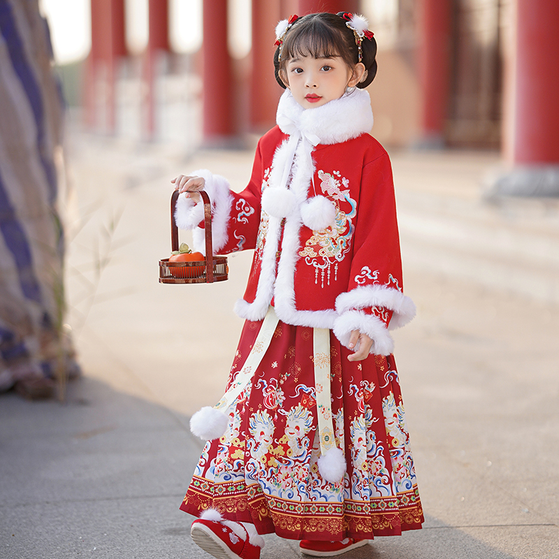 儿童龙年唐装拜年服女童马面裙冬款加绒中国风儿童汉服拜年服喜庆