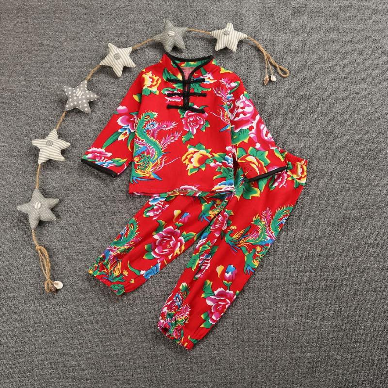 儿童秋新款东北大花布长袖套装男女童喜庆大花布衣服家居服新款