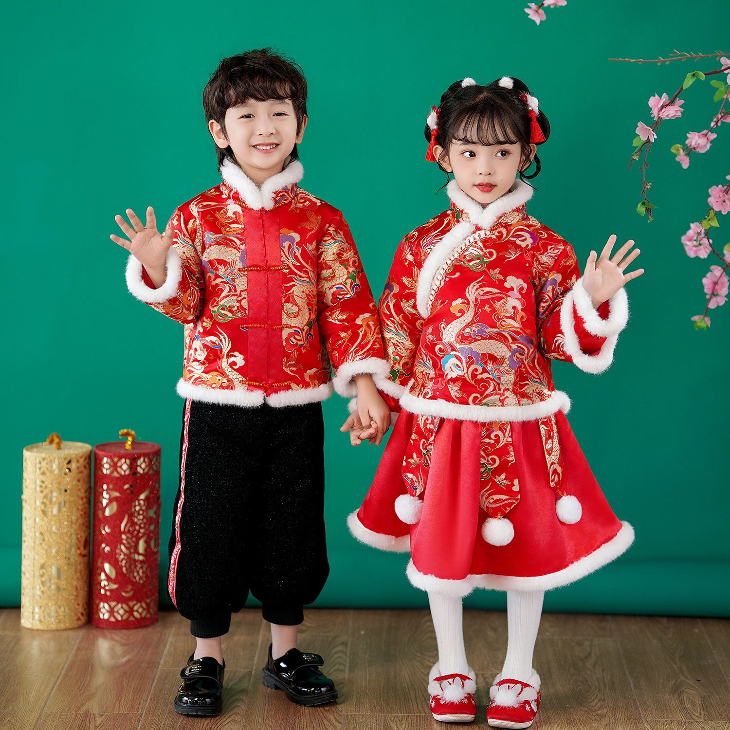 元旦儿童喜庆演出服龙年中国风男女拜年服加绒幼儿园开门红表演服