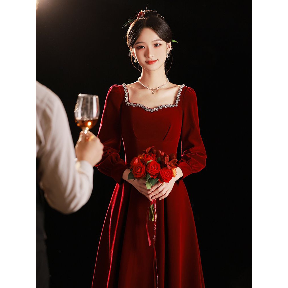 【小扬哥甄选】酒红色丝绒敬酒服2023新款结婚订婚礼服女高端轻奢