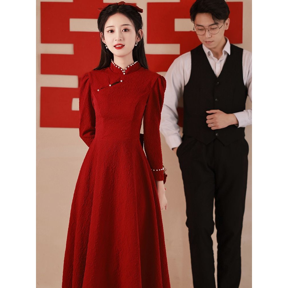 【小扬哥甄选】【】敬酒服新娘旗袍小个子冬季酒红色平时可穿订婚