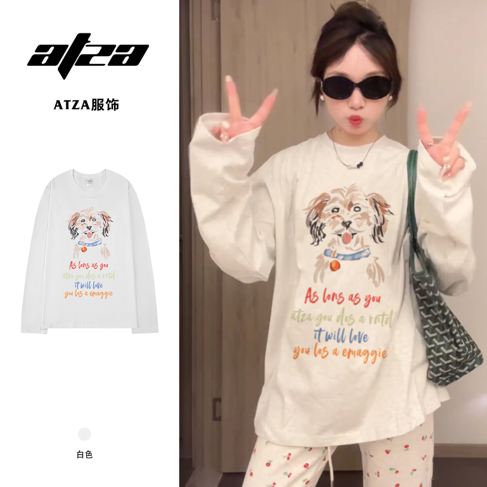 3769#国潮牌美式复古卡通小狗长袖t恤女早秋宽松设计感小众上衣服