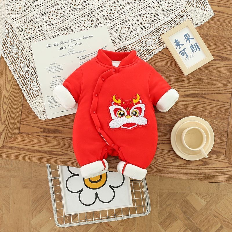 [云朵]冬季婴幼儿长袖连体衣加绒加厚中国风喜庆拜年服瑞兽麒麟