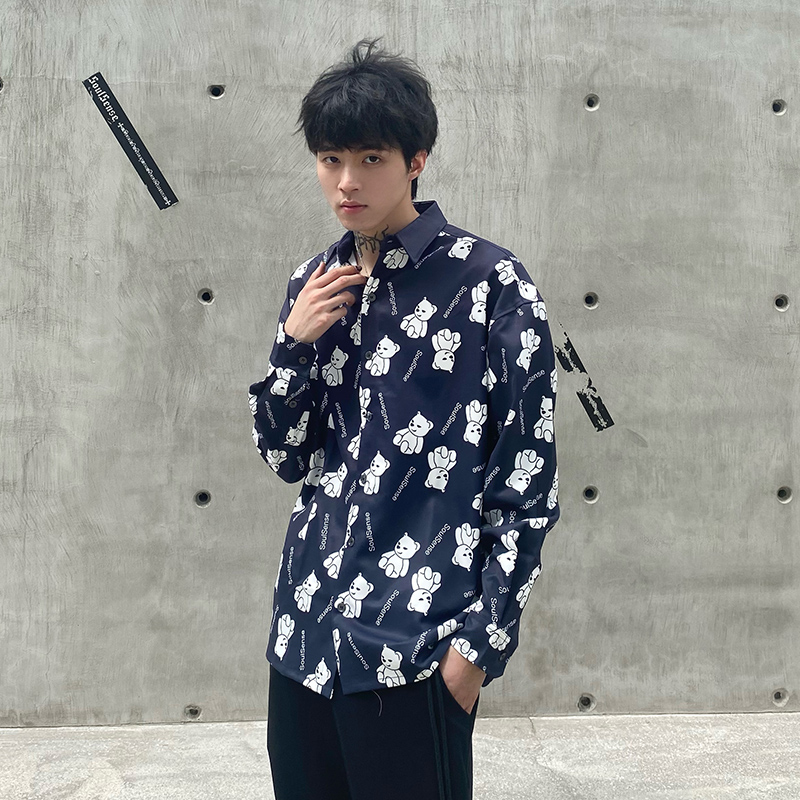 SoulSense潮流时尚满印熊宽松Rapper说唱嘻哈高级街翻领衬衫