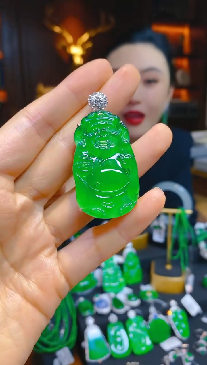 【闪购商品】翡翠58855-18K金镶嵌天然A货翡翠行长吊坠