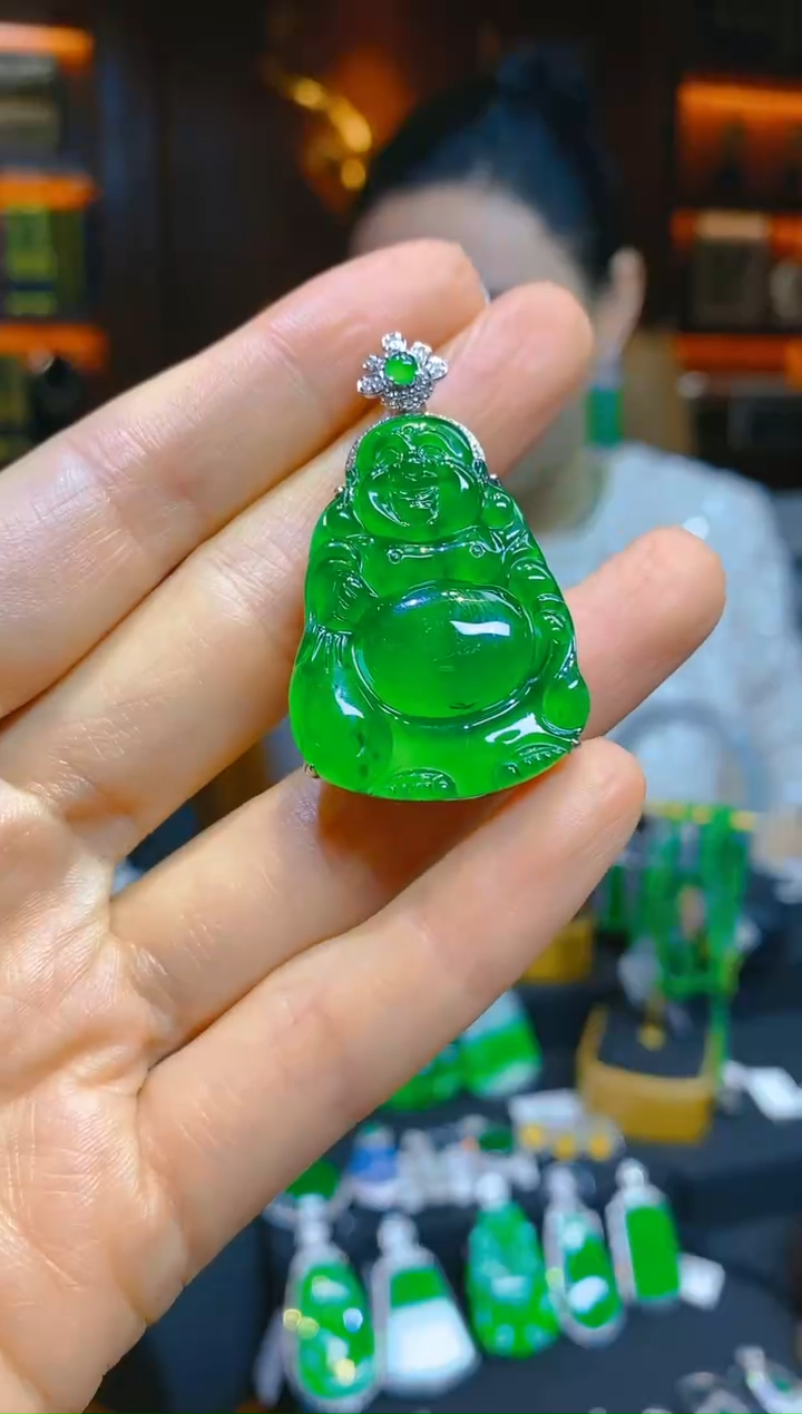 【闪购商品】翡翠59654-18K金镶嵌天然A货翡翠布袋佛吊坠