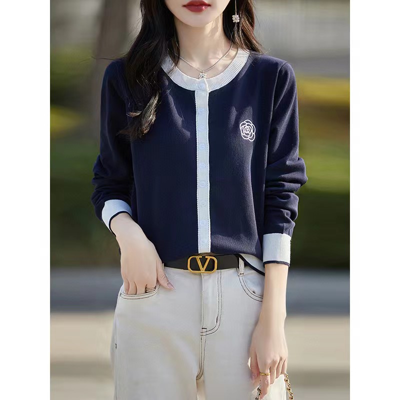 撞色针织衫女开衫2024春秋新款圆领收腰长袖外套打底衫女装6688