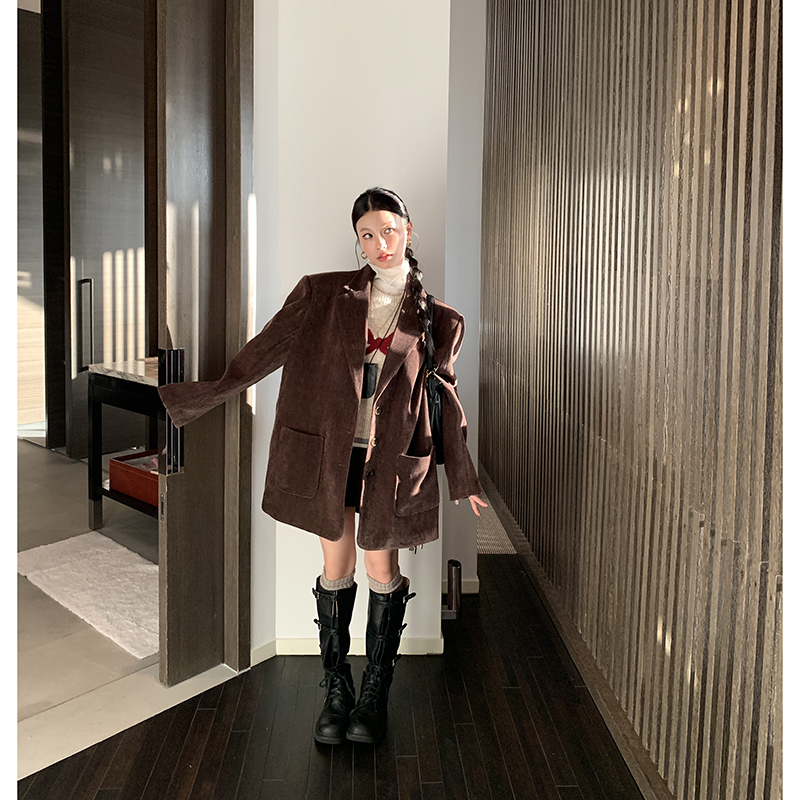 【黑话律师】雪尼尔丝绒西装外套女+高腰短裙套装3915