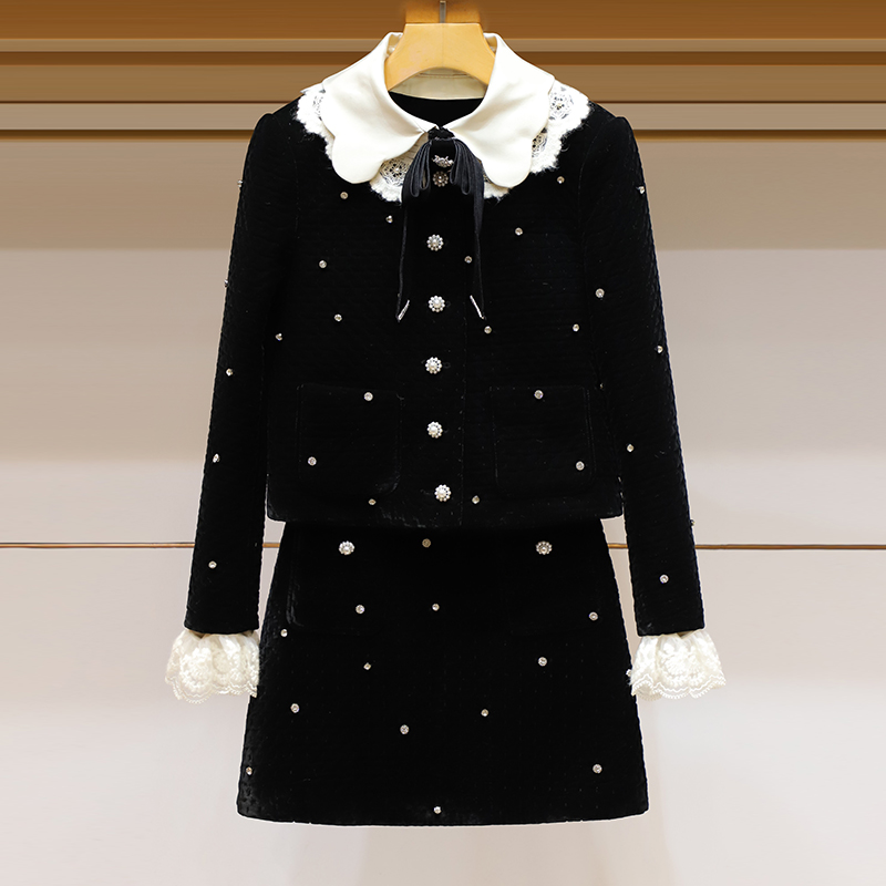 2025冬名媛气质丝绒套装女满天星镶钻丝绒外套高腰半身裙女