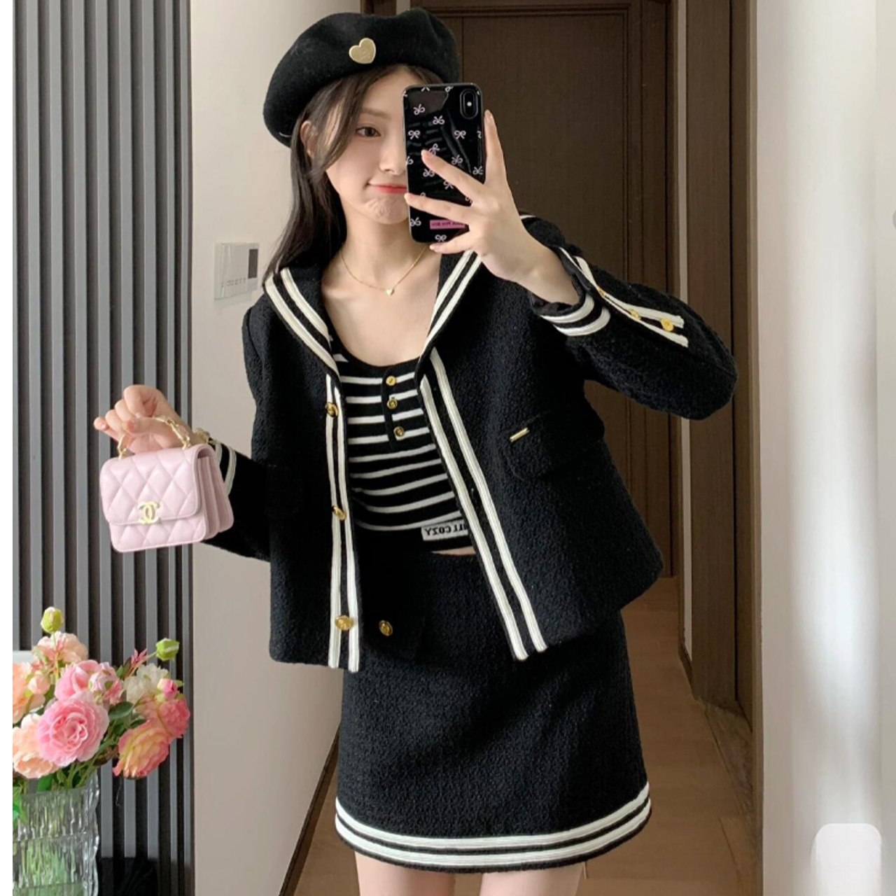 可盐可甜炸街套装2025秋季新款撞色海军领外套半身裙小香风两件套