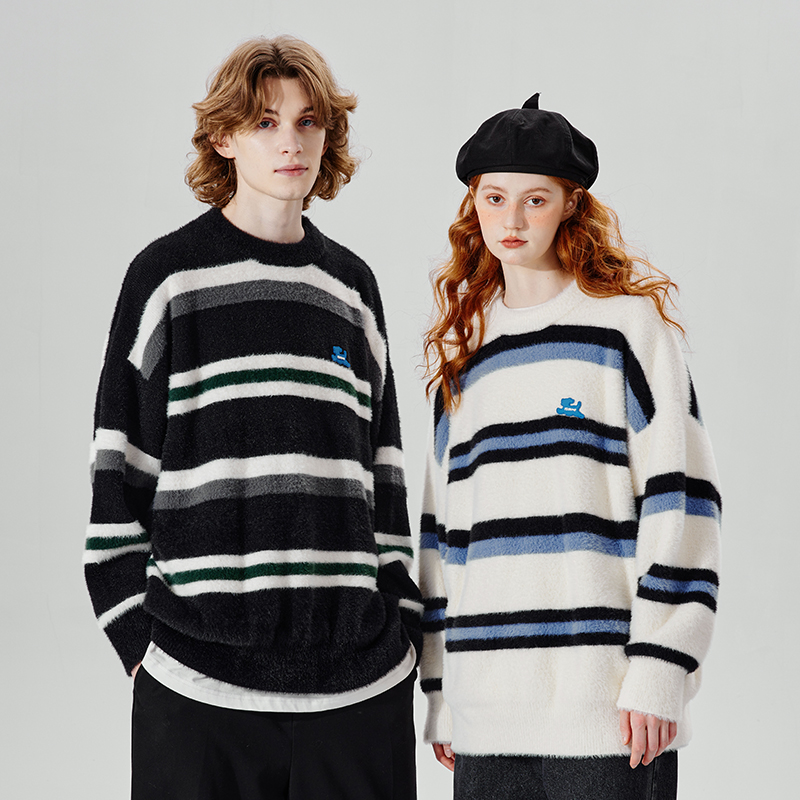 PSOBrand撞色条纹毛衣情侣秋冬慵懒风宽松休闲男装长袖PS5609