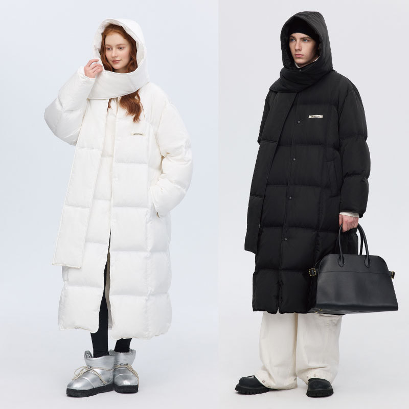 PSOBrand仿棉特氟龙三防90绒长款裥格带可拆卸帽巾羽绒服PYR050