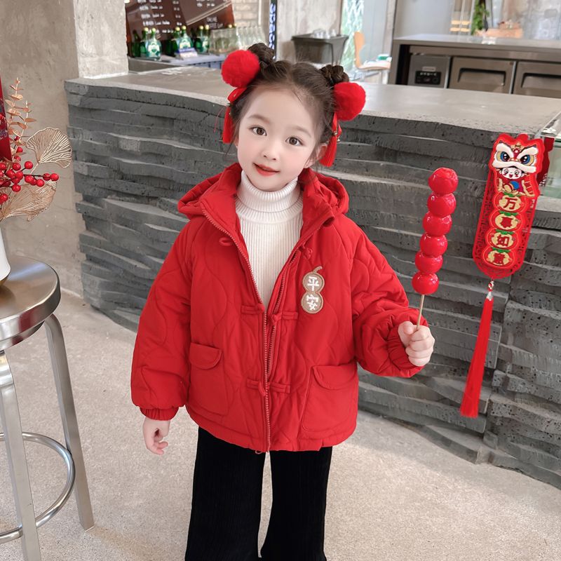 女童红色棉服外套冬季2023新款儿童女宝宝加绒加厚拜年服唐装棉袄