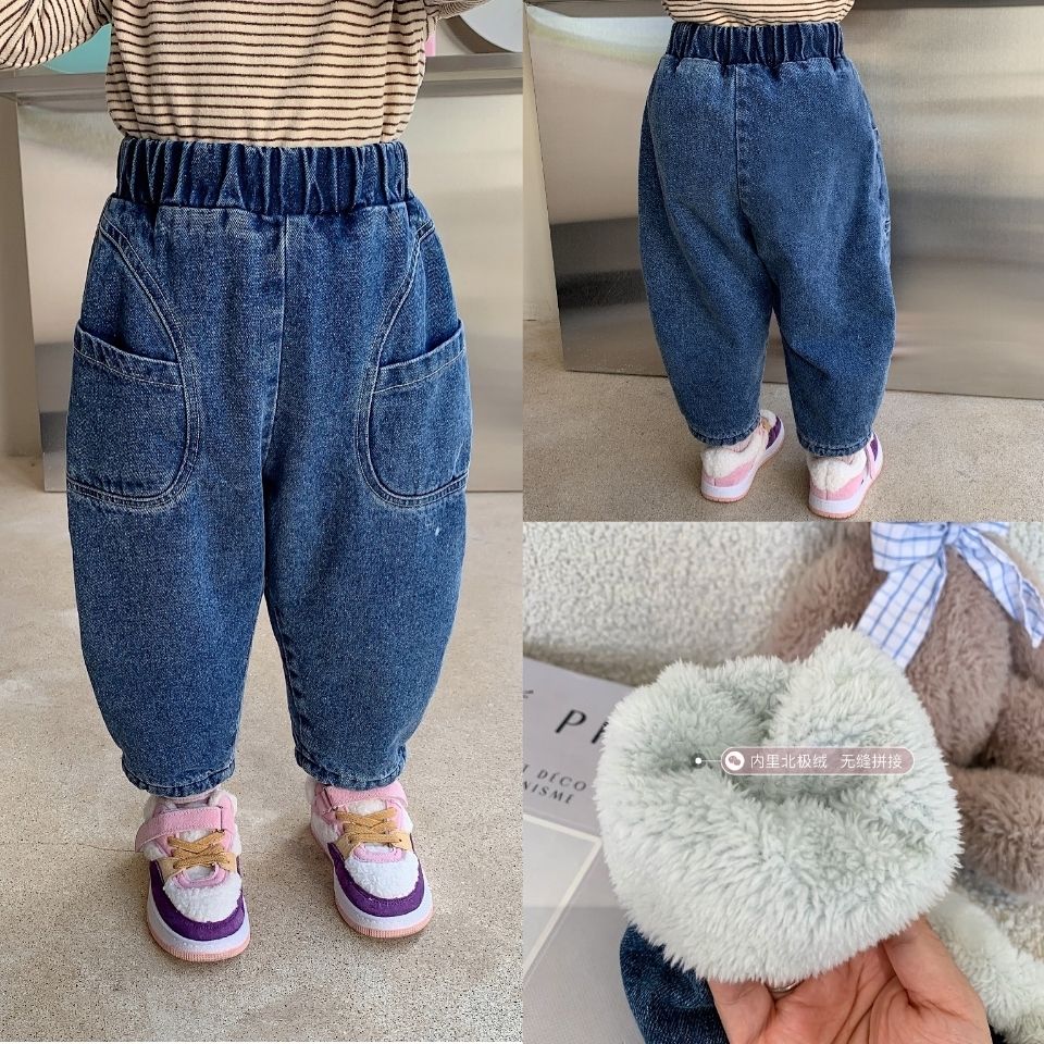 女童加绒裤子中小童冬季厚款宝宝牛仔裤秋冬加厚韩版洋气老爹裤潮