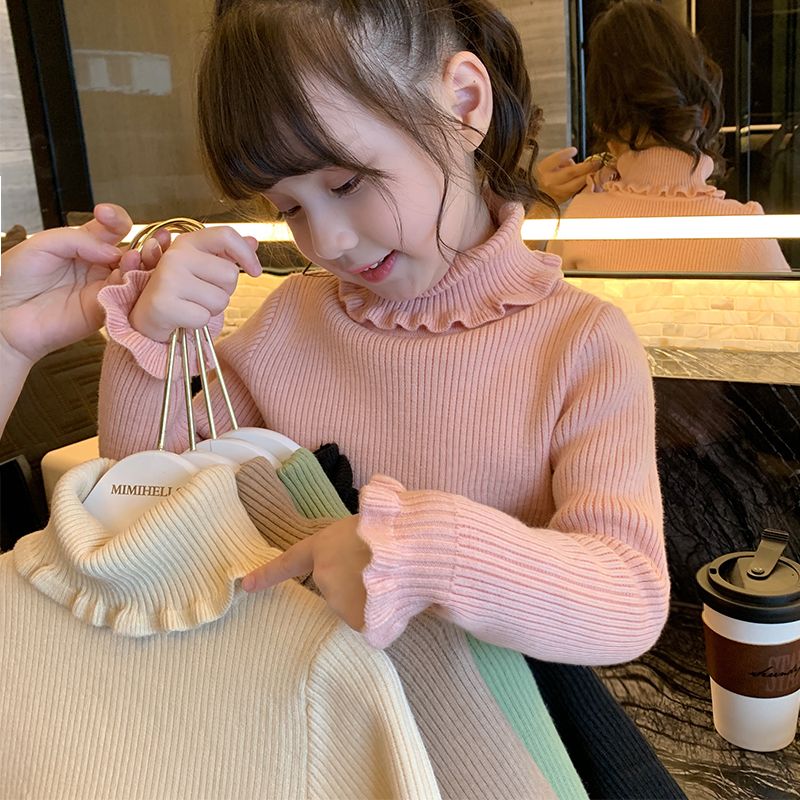 女童加绒毛衣一体绒高领打底衫冬装2023新款洋气儿童纯色针织上衣