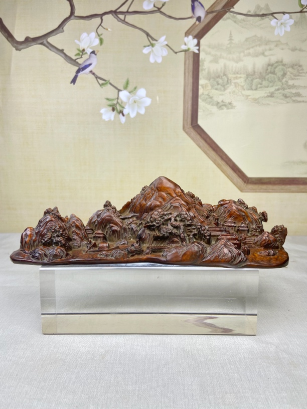 小叶黄杨木仿古做旧（千里江山图）山水流水画摆件雕塑复古怀工艺