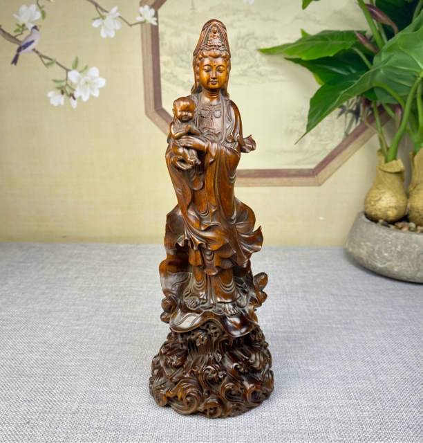 小叶黄杨木仿古做旧（送子观音）高22口径8有求必应实雕刻复古工艺