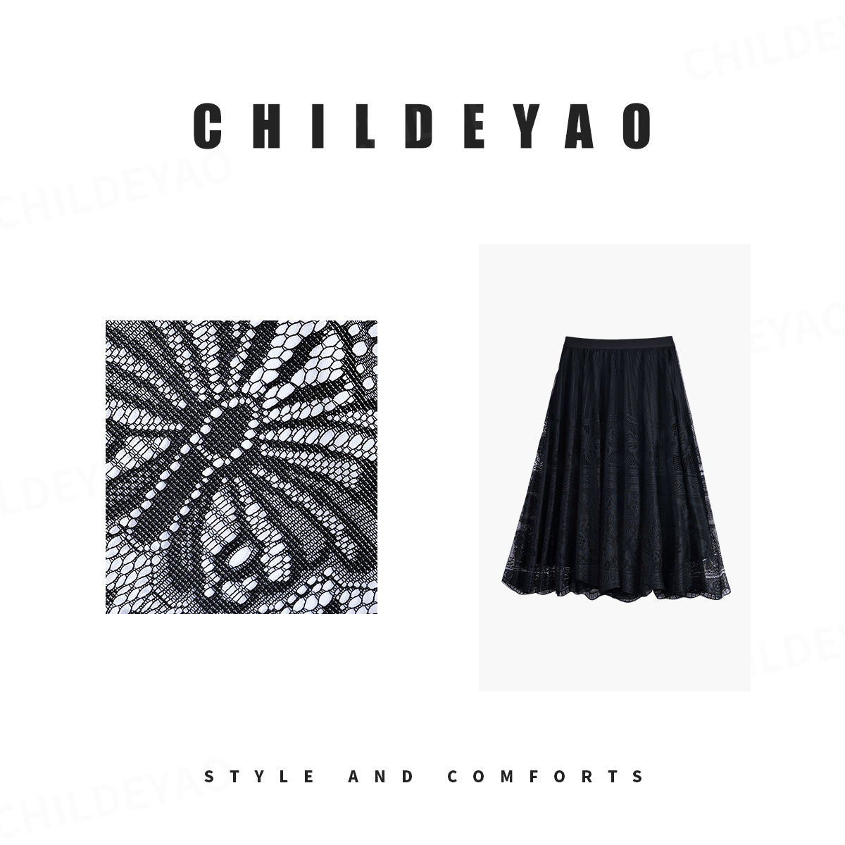 Childe Yao【黑玫瑰】+立体蓬松蕾丝半松紧腰黑色显瘦半裙 A4045