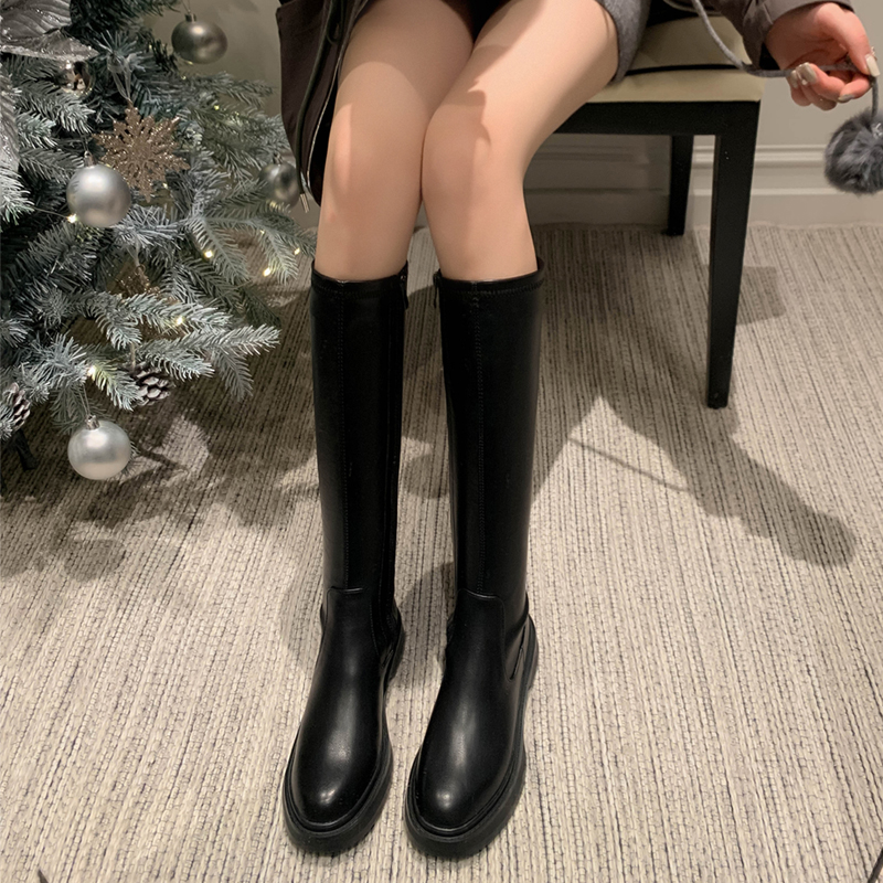爱新款沿荐长筒靴3cm中跟厚底高筒靴百搭显瘦真皮小个子瘦瘦女鞋