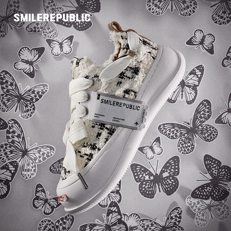 SMILEREPUBLIC百搭库伊拉黑白格纹开口笑厚底鞋增高复古帆布鞋