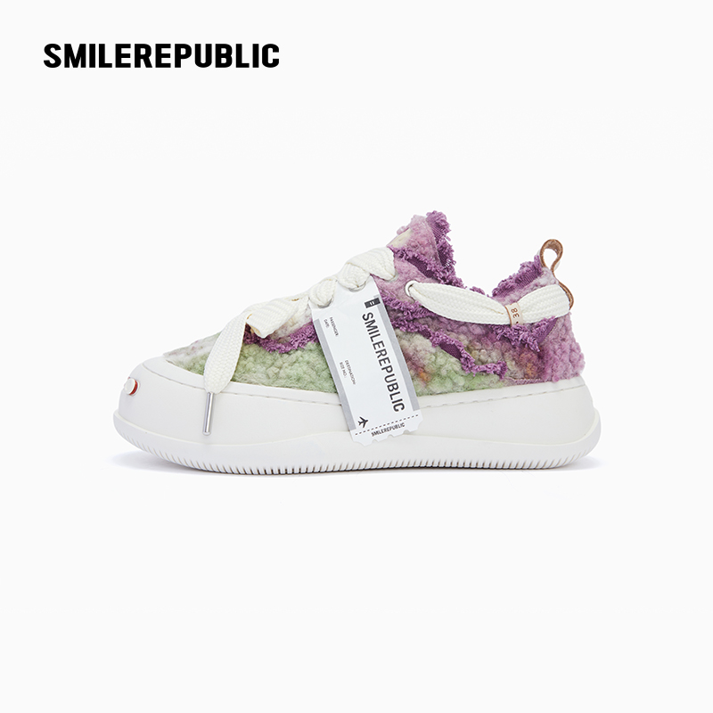 SMILEREPUBLIC 紫绿拼色羊绒低帮可替换开口笑增高厚底鞋潮流个性