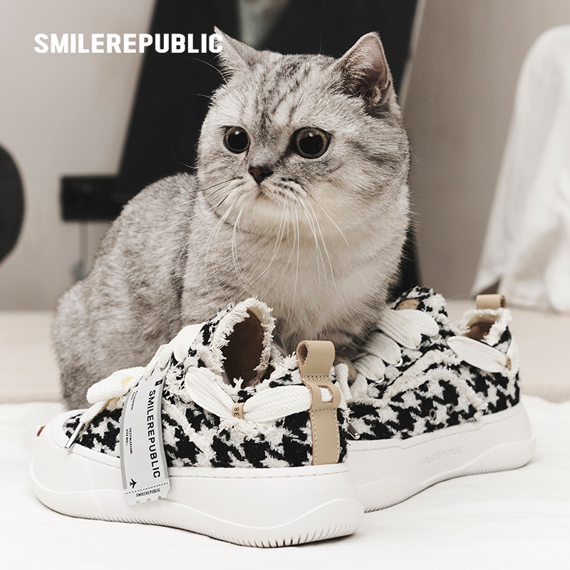 smilerepublic 黑白闪光千鸟格低帮开口笑明星同款厚底鞋时尚百搭