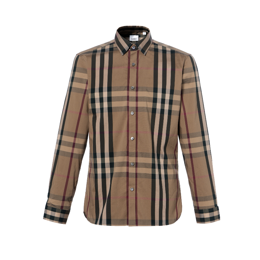 全新未使用 BURBERRY/博柏利 烟熏棕中格纹长袖休闲衬衫 男女同款