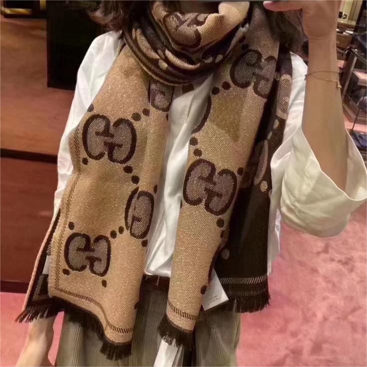 全新未使用 GUCCI/古驰 GG羊毛双面提花围巾 短流苏 棕色情侣款